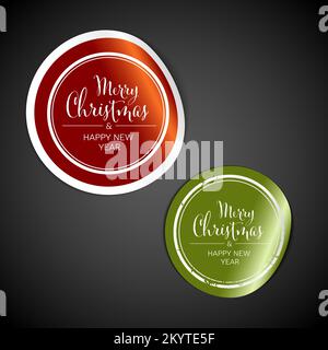 Vector christmas stickers - red and green circle tag labels on dark background with the text Merry Christmas and happy new year on the circle sticker Stock Vector