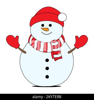 Happy snowman character with gloves, scarf and pompon hat, flat style vector illustration isolated on a white background. Christmas, Happy New Year, or winter holiday design decoration. Stock Vector