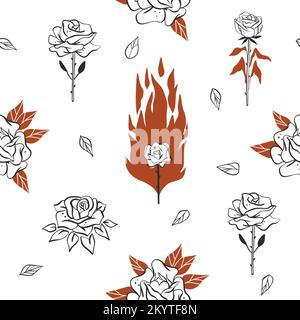 Hand drawn vector abstract graphic sketch drawing illustrations seamless pattern with logo elements of black decorative leaves and roses flowers Stock Vector