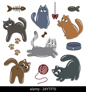 A set of cute colored cat characters with a black outline, doodle style, isolated vector illustration. Stock Vector