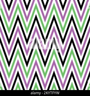 Chevron Pattern In Violet Green And Black Color. Mantis Green, Pearly Purple And Black Zigzag Pattern Retro Comic Style Stock Vector