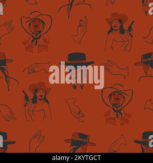 Hand drawn abstract vector graphic illustration boho cowgirl in hat seamless pattern.Western female design concept.Bohemian wild west contemporary art Stock Vector