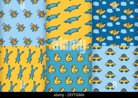 Set of cute cartoon kids patterns. Doodle patterns Stock Vector