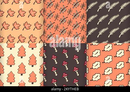 Set of autumn kids patterns with doodle objects. Stock Vector