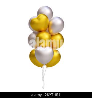 Bunch of realistic 3D golden and silver balloons, heart shape. Vector illustration decoration for card, party, design, flyer, poster, banner, web Stock Vector