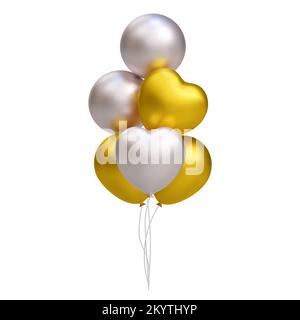 Bunch of realistic 3D golden and silver balloons, heart shape. Vector illustration decoration for card, party, design, flyer, poster, banner, web Stock Vector