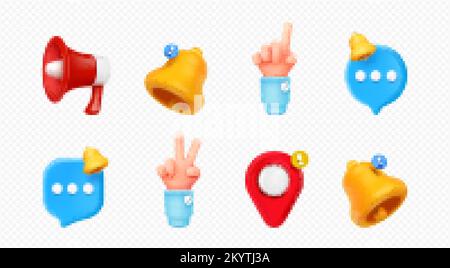 3d render notification and reminders social media icons. Bell, message bubble, map pin, loudspeaker and hand gesture isolated elements. News, sms, not Stock Vector