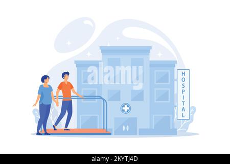 Therapist working with patient at rehabilitation center. Rehabilitation center, rehabilitation hospital, stabilization of medical conditions concept. Stock Vector