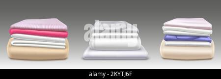 Clean clothes piles, folded shirts, dresses, sweaters and pants after laundry. Stacks of washed and ironed fabric, towels and apparel isolated on back Stock Vector