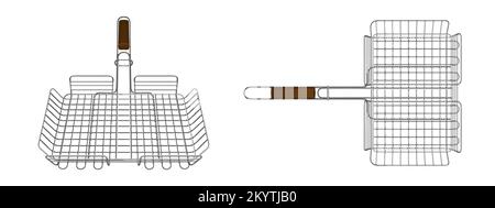 Bbq grid, grill basket, steel equipment for cooking on brazier or barbecue machine front and top view isolated on white background. Picnic tool with w Stock Vector
