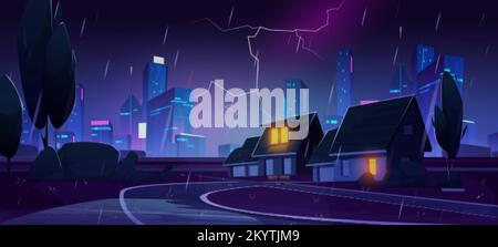 Rainy night in city suburb. Cartoon vector illustration of town street with small houses and trees, rainfall and neon lightning glowing in dark sky, m Stock Vector