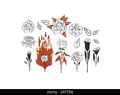 Hand drawn vector abstract graphic sketch drawing illustrations collection set with logo elements of black decorative leaves and roses flowers Stock Vector