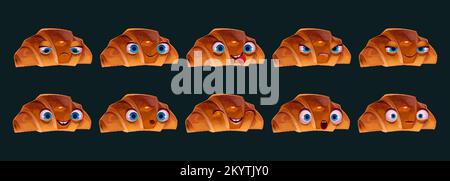 Cartoon croissant character with different emotions on face. Set of funny baked buns with big eyes and mouth happy, smiling, sad, angry, scared, surpr Stock Vector