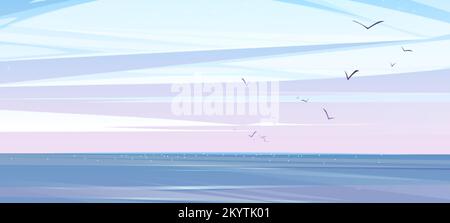 Early morning sky or heaven and water surface. Cartoon background, nature landscape with soft clouds above sea, ocean, lake, pond or river with flying Stock Vector