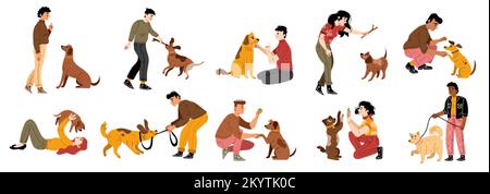 People training dogs, hug and play with puppies. Pet owners walk with dogs on leash, play with them with balls, sticks, train obedience, vector hand d Stock Vector