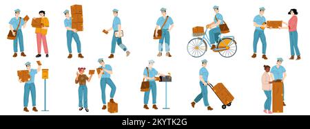 Multiple Postmen Set of postman characters delivering mail, flat vector illustration on ...