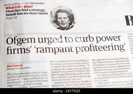 'Ofgem urged to curb power firms' 'rampant profiteering' Guardian newspaper headline energy company profits article 21 November 2022 London UK Britain Stock Photo
