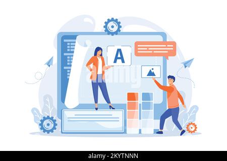 Programmers at computer using low code platform on computer, tiny people. Low code development, low code platform, LCDP easy coding concept. flat vect Stock Vector