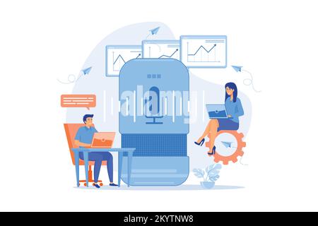 Smart speaker used by office workers. Smart office controller and voice commands, voice controlled office digital devices and Internet of things conce Stock Vector