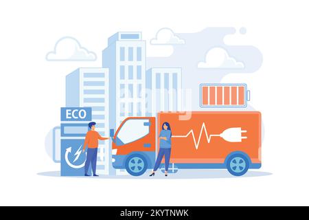 Eco-friendly elecrtic truck with plug charging battery at the charger station. Electric truck, eco-friendly logistics, modern transportation concept. Stock Vector