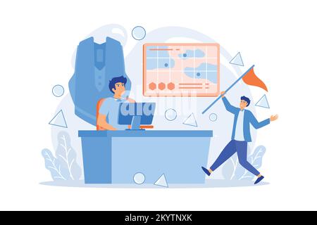 Gamer at computer using tactics to play online strategy game. Strategy online games, real-time strategy, multiplayer strategic warfare concept. flat v Stock Vector