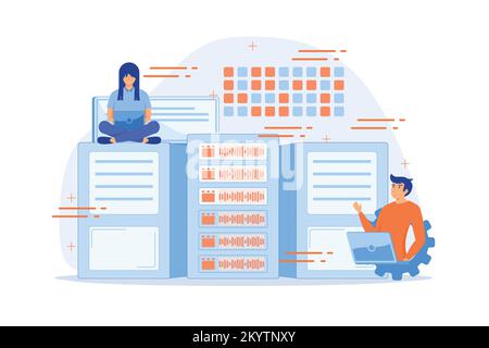 Database analysts with laptops working with data in the center. Big data storage, big data architecture, real-time data analytics concept. flat vector Stock Vector