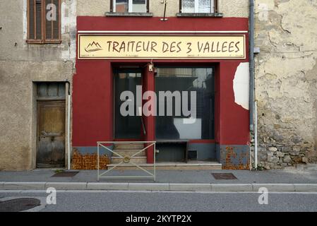Shopfront of Vacant Butcher, Butchery, Boucherie or Empty Butcher's Shop Barreme France Stock Photo