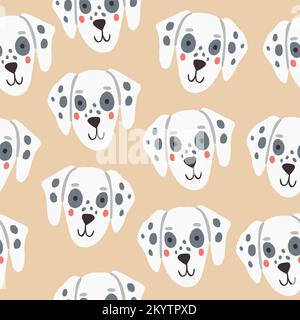 Vector seamless pattern with dalmatian dog faces on beige background. Vector illustration Stock Vector