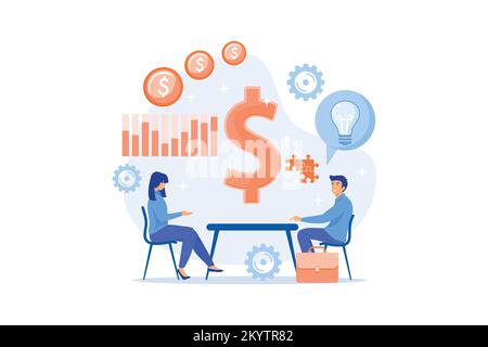 Salesperson suggesting a solution idea to consumers problem. Consultative sales, customer-oriented selling, trendy sales method concept. flat vector m Stock Vector