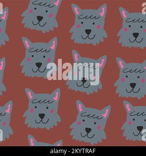 Vector seamless pattern with Scottish terrier dog faces on brown background. Vector illustration Stock Vector