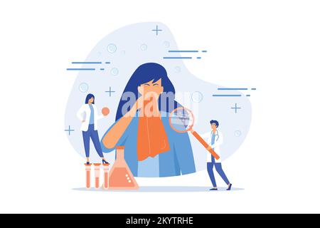 Female patient sneezing, taking a pill from doctor and allergen under magnifier. Allergic diseases, allergy reaction, antihistamines therapy concept. Stock Vector