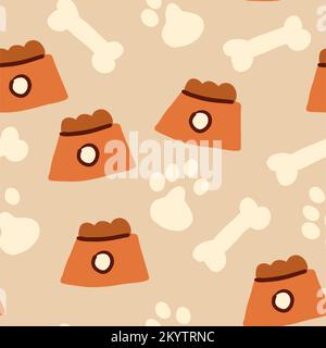 Vector seamless pattern with bowls filled with dog food on beige background. Dog food pattern. Vector illustration Stock Vector