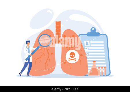 Doctor with magnifier and lungs with skull and crossbones. Lower respiratory infections, pneumonia, lungs infection concept on white background. flat Stock Vector