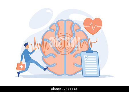 Huge brain with red circles pain epicenter and doctor running. Stroke and headache, oxygen-deprived brain and first aid concept on white background. f Stock Vector