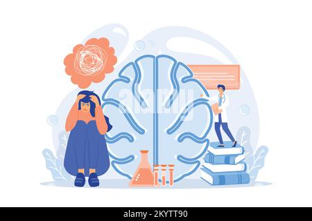 Patient with thought bubble and doctor examining brain. Alzheimer disease and dementia, dotage and memory loss concept on white background. flat vecto Stock Vector