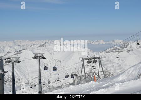 Old chairlift built on a rock on Hintertux Glacier Stock Photo