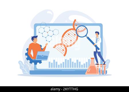 Scientists looking at DNA and charts with magnifier on laptop. Biotechnology, biological systems, bio-engineering concept on white background. flat ve Stock Vector