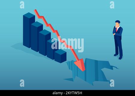 Bankruptcy, recession and financial crisis concept. Vector of a thoughtful businessman looking at a falling down arrow financial graph Stock Vector