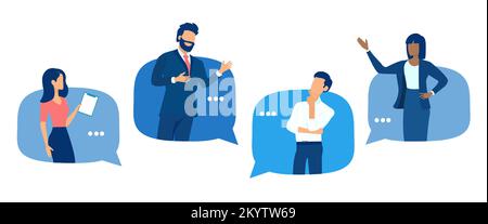 Discussion and communication concept. Vector of business people talking in the speech bubbles. Stock Vector