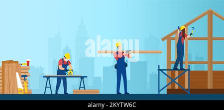 Vector of a professional team of carpenters at work, building a wood frame house structure Stock Vector