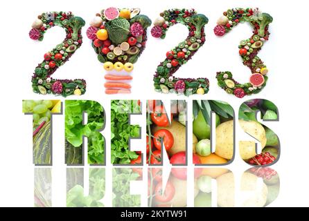 2023 trends made of fruits and vegetables including a light bulb icon Stock Photo