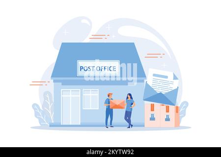 Documents, letters express courier delivering. Postal services. Post office services, post delivery agent, post office card accounts concept. flat vec Stock Vector