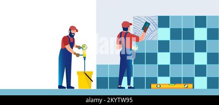 Vector of professional tilers installing tiles on a wall. Home renovation concept Stock Vector