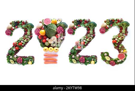 2023 made of fruits and vegetables including a light bulb icon Stock Photo