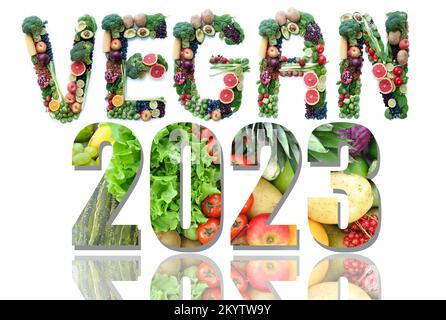 Vegan 2023 made of fruits, vegetables, pulses and nuts Stock Photo