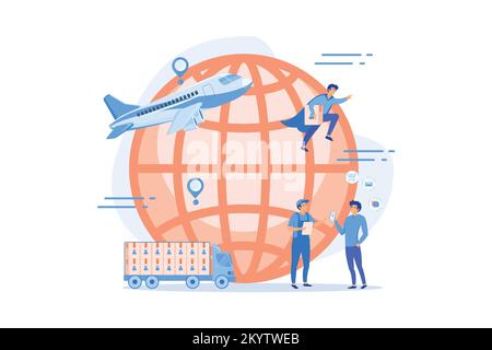 Courier carrying order, delivering parcel. Express cargo delivery service, air freight logistics and distribution, global postal mail concept. flat ve Stock Vector