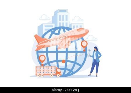 Woman check Internet store shipment. Goods worldwide shipping. Smart delivery tracking, track your orders, delivery status online concept. flat vector Stock Vector