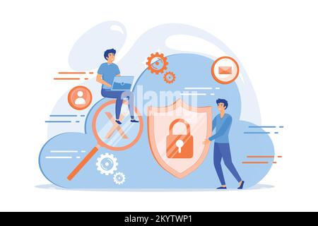 Man holding security shield and developer using laptop. Data and applications protection, network and information security, safe cloud storage concept Stock Vector
