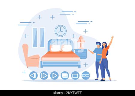 Couple in VR glasses. Property virtual reality simulation. Real estate virtual tour, VR virtual house tour, virtual tours creating services concept. f Stock Vector