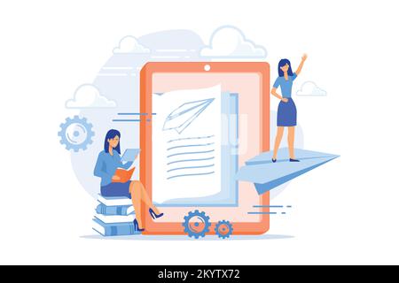 User with book and tablet watching himself flying on paper plane in augmented reality. Virtual reality learning technology, enertainment app concept. Stock Vector